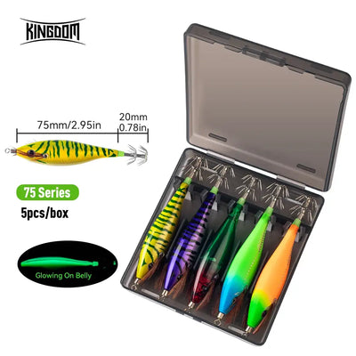 5-piece glowing squid jig lures, yellow-black and green-orange colors in box
