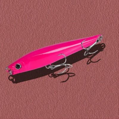 Neon pink lipless minnow fishing lure with black back and silver treble hooks