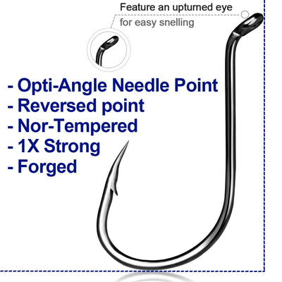 Offset circle fishing hook with upturned eye, needle point style, dark steel