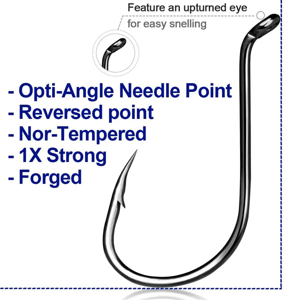Offset circle fishing hook with upturned eye, needle point style, dark steel