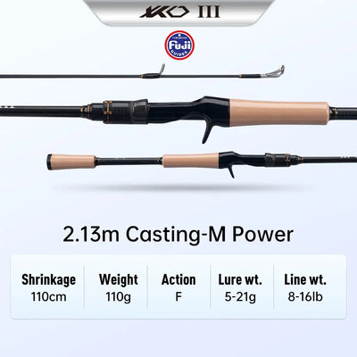 2.13m casting fishing rod with cork handle, black carbon blank, M power