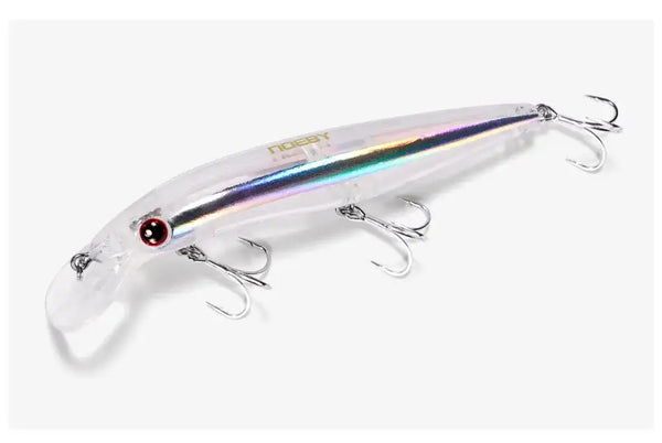 Shallow trolling minnow lure, chrome body with prismatic rainbow stripe and treble hooks