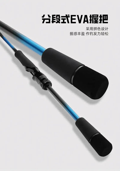 Spinning rod with blue blank and EVA foam grip handles