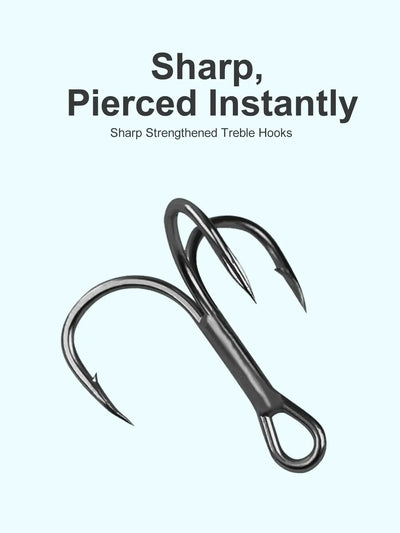 Two treble hooks with curved barbs for a topwater pencil lure