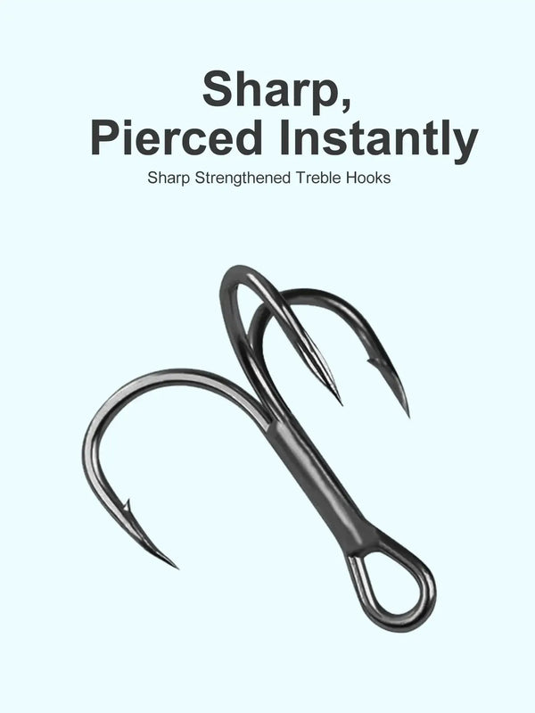 Two treble hooks with curved barbs for a topwater pencil lure