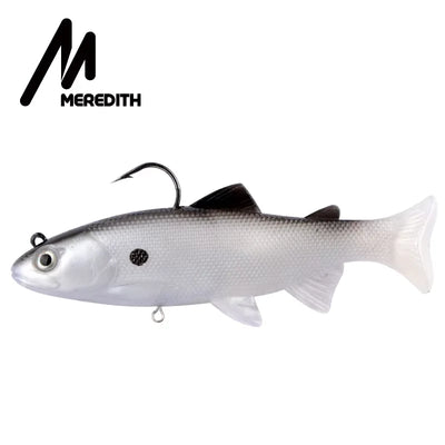 Weighted soft swimbait lure, white body with dark spots and 3D eyes, T-tail
