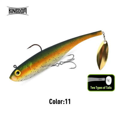 Green soft swimbait spinner lure with gold blade, orange stripe, treble hooks