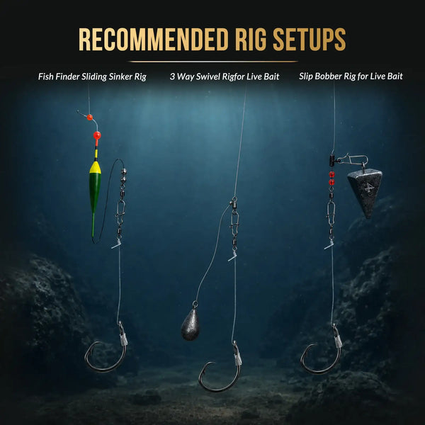 Fishing rig assortment showing multiple hooks and sinkers on lines with swivels