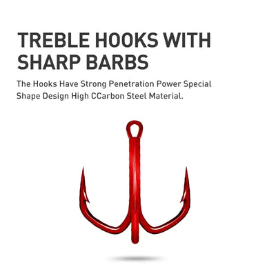 Red treble fishing hook with sharp barbs for crankbait