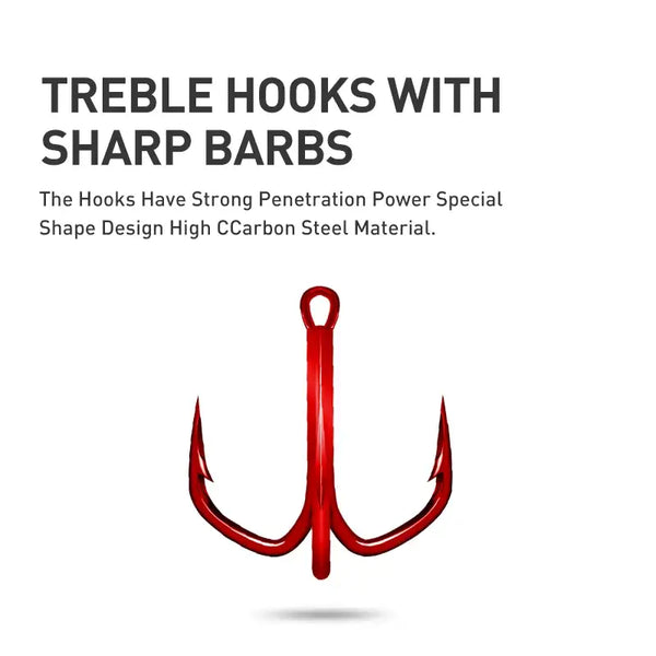 Red treble fishing hook with sharp barbs for crankbait