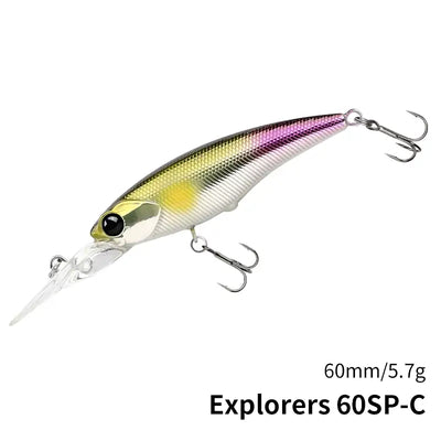 Tsurinoya EXPLORERS 60SP suspending minnow lure with treble hooks, white body with purple and yellow stripe.