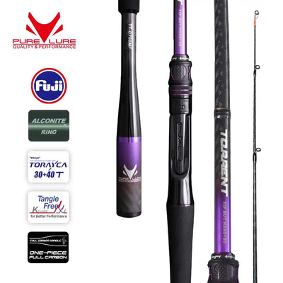 Fishing rod with purple trim, textured grips, and reel seat with guide rings