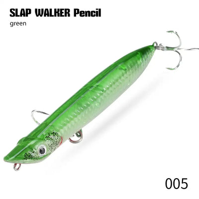 Green pencil fishing lure with treble hooks