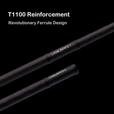 Black carbon fishing rod blank with T100 reinforcements and model markings