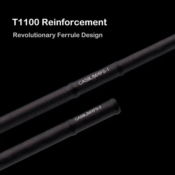 Black carbon fishing rod blank with T100 reinforcements and model markings