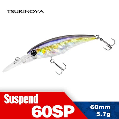 Suspending minnow fishing lure, silvery white with yellow-green and purple stripes, treble hooks