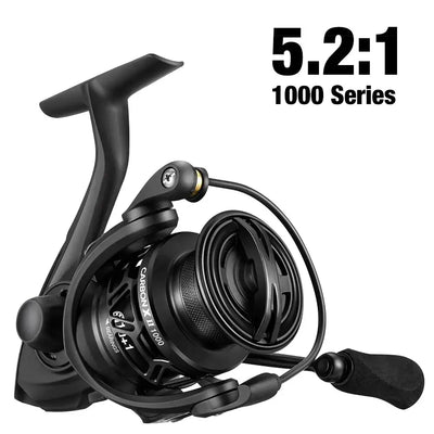 Black 1000-series spinning fishing reel, 5.2:1, black spool and teal line