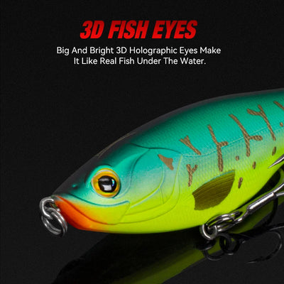 Teal and lime hard-plopper lure with 3D holographic eyes and rotating tail propeller
