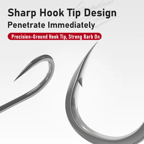 Carbon steel jig hook with sharp point tip and curved shank, close-up