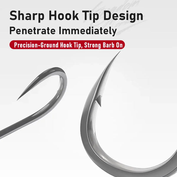 Silver fishing hook with sharp curved tip for jig head, close-up detail.