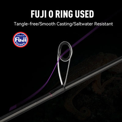 Squid rod with stainless guide ring on a dark rod blank