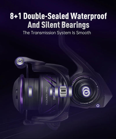 Black spinning reel with purple side accents and open spool, close-up view