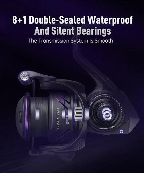 Black spinning reel with purple side accents and open spool, close-up view