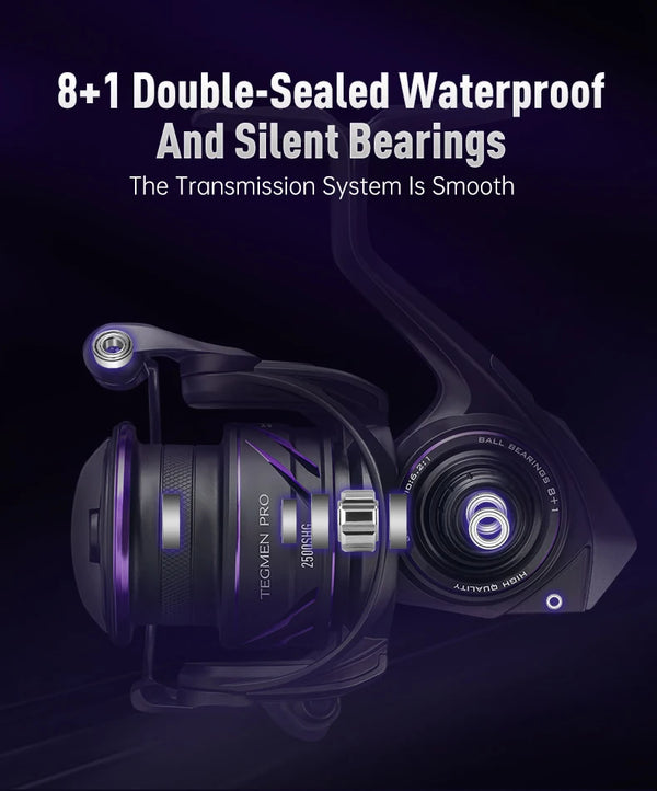 Black spinning reel with purple side accents and open spool, close-up view