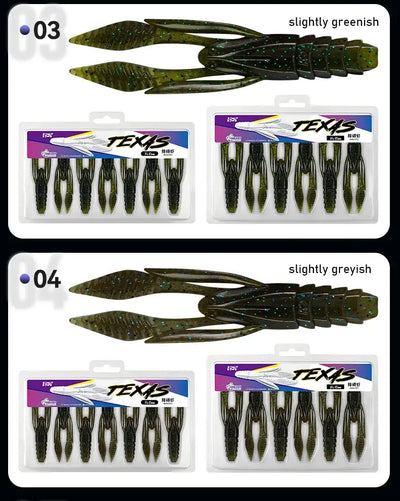 Set of soft plastic fishing lures, greenish-brown speckled paddle-tail grubs