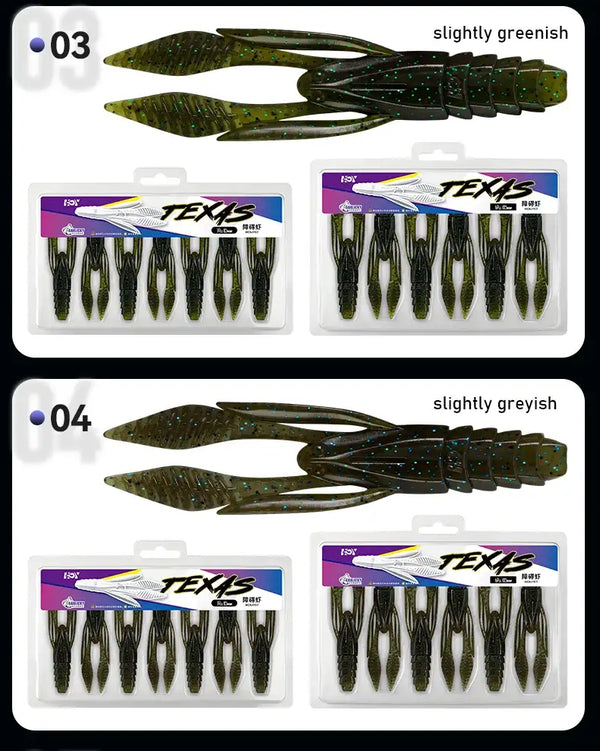 Set of soft plastic fishing lures, greenish-brown speckled paddle-tail grubs