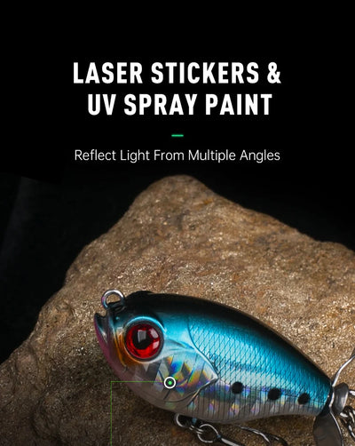 Blue topwater floating lure with red-rimmed eye, laser shimmer, and treble hooks