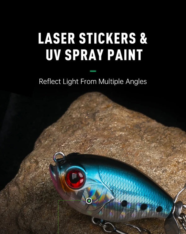 Blue topwater floating lure with red-rimmed eye, laser shimmer, and treble hooks