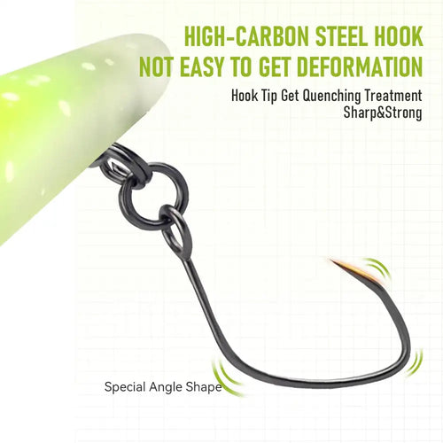 Lime green crankbait lure with white belly and large metal treble hook close-up