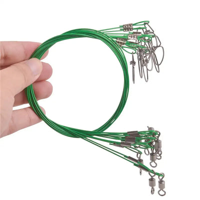 Green steel wire fishing leader loop with multiple crimped snap swivels and metal clips