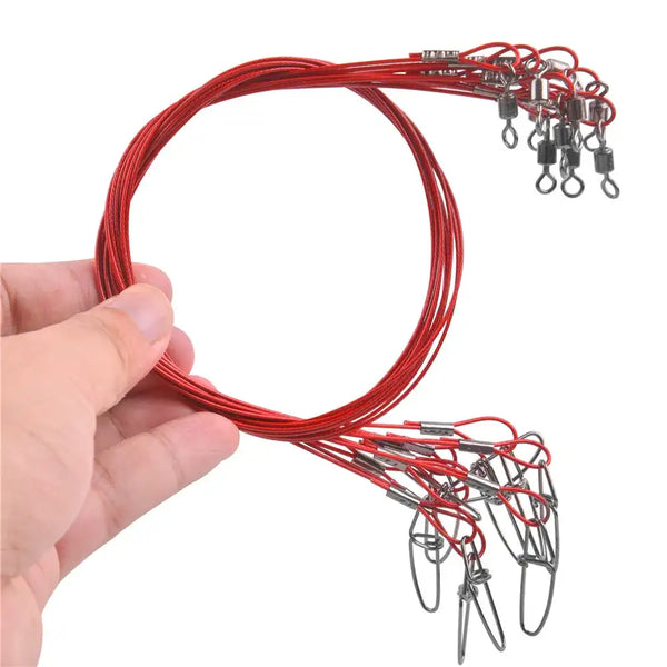 Red steel wire fishing leader loop with multiple crimped snap swivels and metal clips
