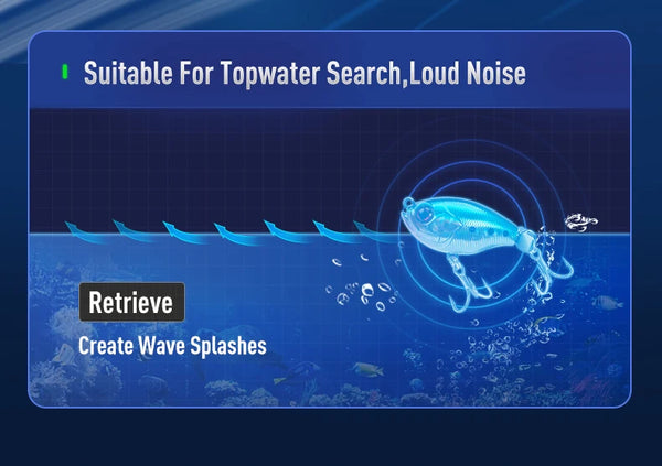 Blue topwater floating lure with curved blade and silver treble hooks