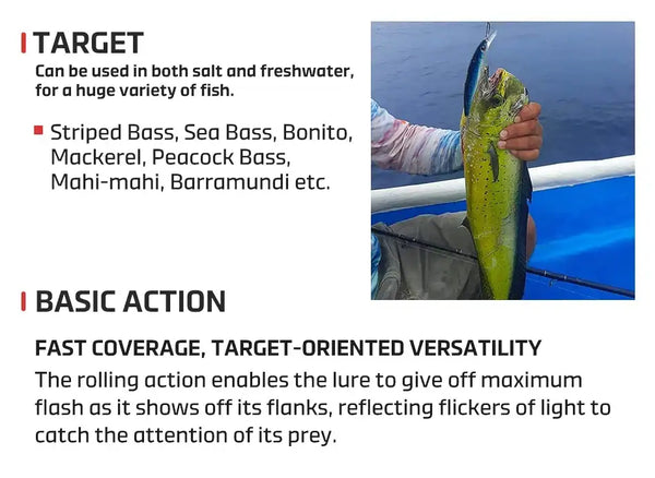 Floating minnow jerkbait info card showing target species and basic action description.