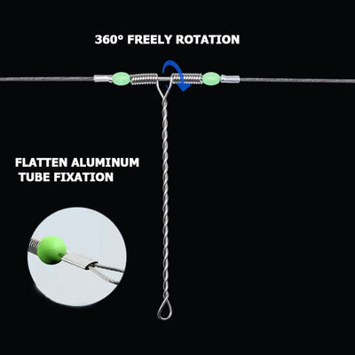Steel fishing leader with green beads, swivel, and tube fixation for free rotation