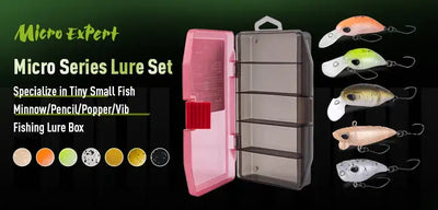 Micro floating lure set in a plastic tackle box with multiple fish-shaped lures.