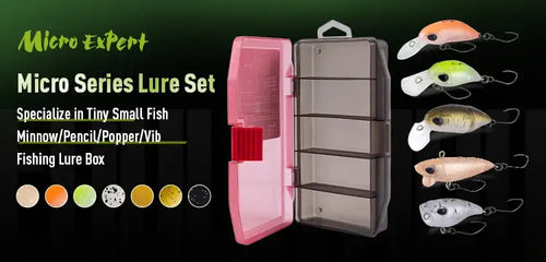 Micro floating lure set in a plastic tackle box with multiple fish-shaped lures.
