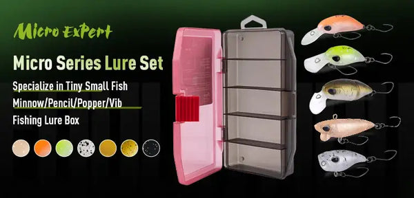 Micro floating lure set in a plastic tackle box with multiple fish-shaped lures.