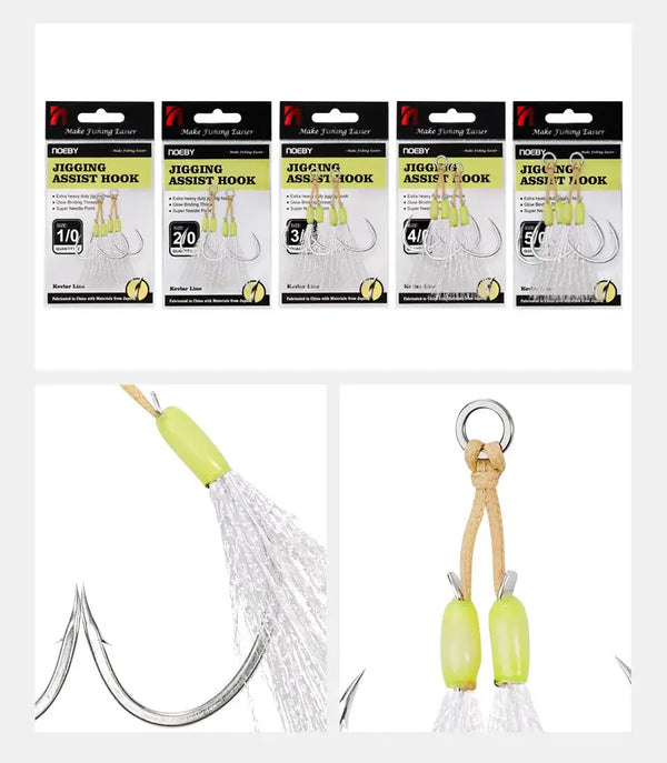 Jigging assist hook set with lime-green heads and stainless needle-point hooks