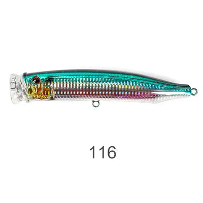 Topwater wobbler fishing lure, teal top with multi-color sides and silver hardware