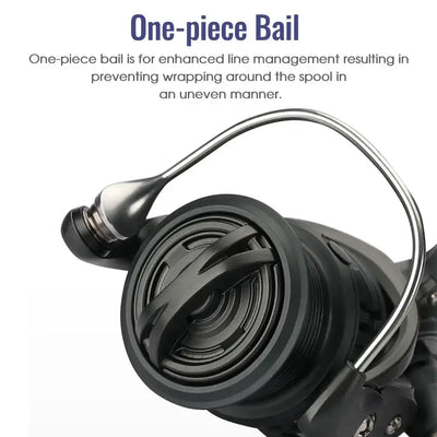 Black baitcasting spinning reel with one-piece bail and spare spool