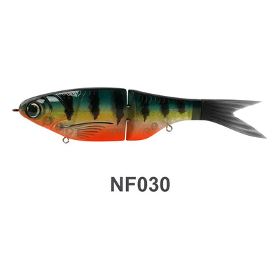 NF030 glide swimbait lure with dark green back, orange belly, and black tail