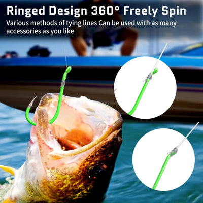 Fluorescent green ringed circle hook with 360° freely spinning design