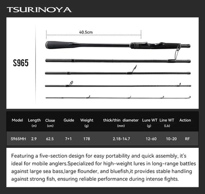 Packable lure rod, S965 model, black 5-section design with line guides