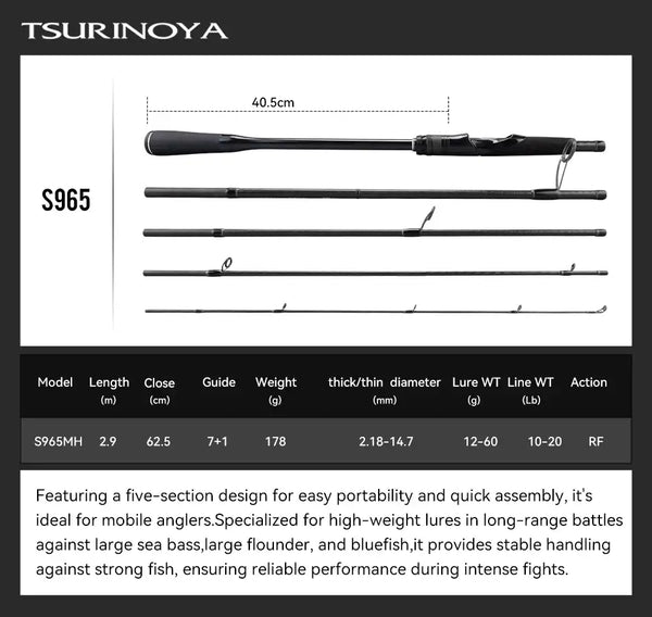 Packable lure rod, S965 model, black 5-section design with line guides