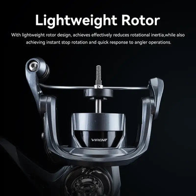 Spinning reel rotor close-up in black and silver housing