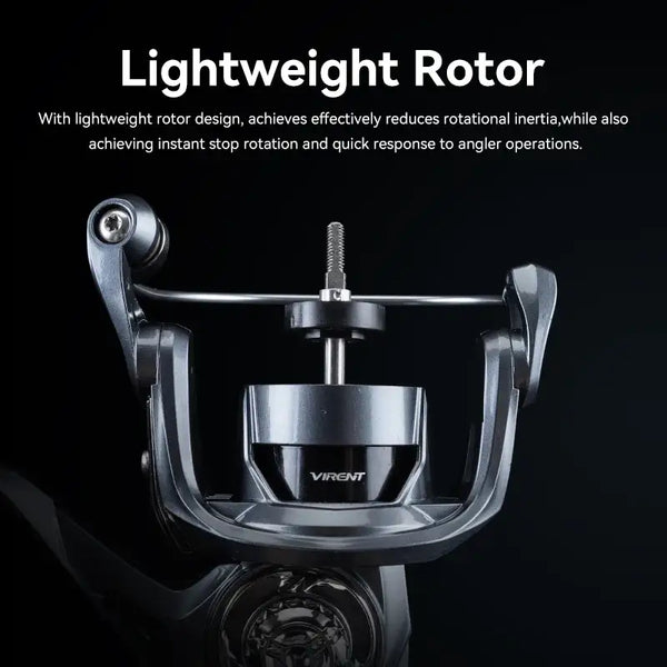 Spinning reel rotor close-up in black and silver housing